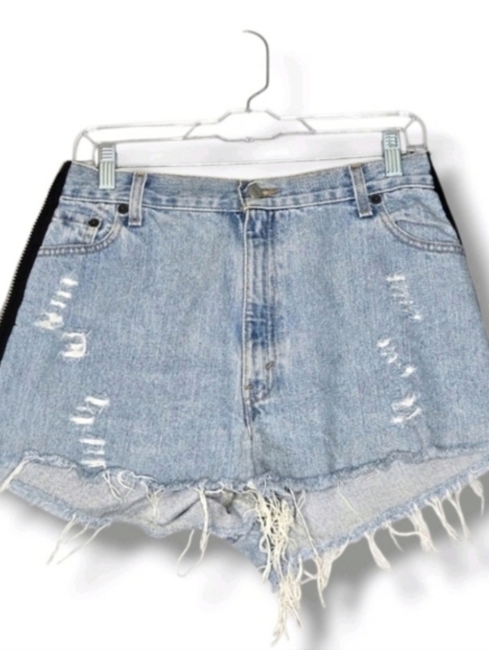 Furst Of A Kind Upcycled Levi's Jean Short Distressed Denim Side Zip Size 30 - Picture 2 of 13
